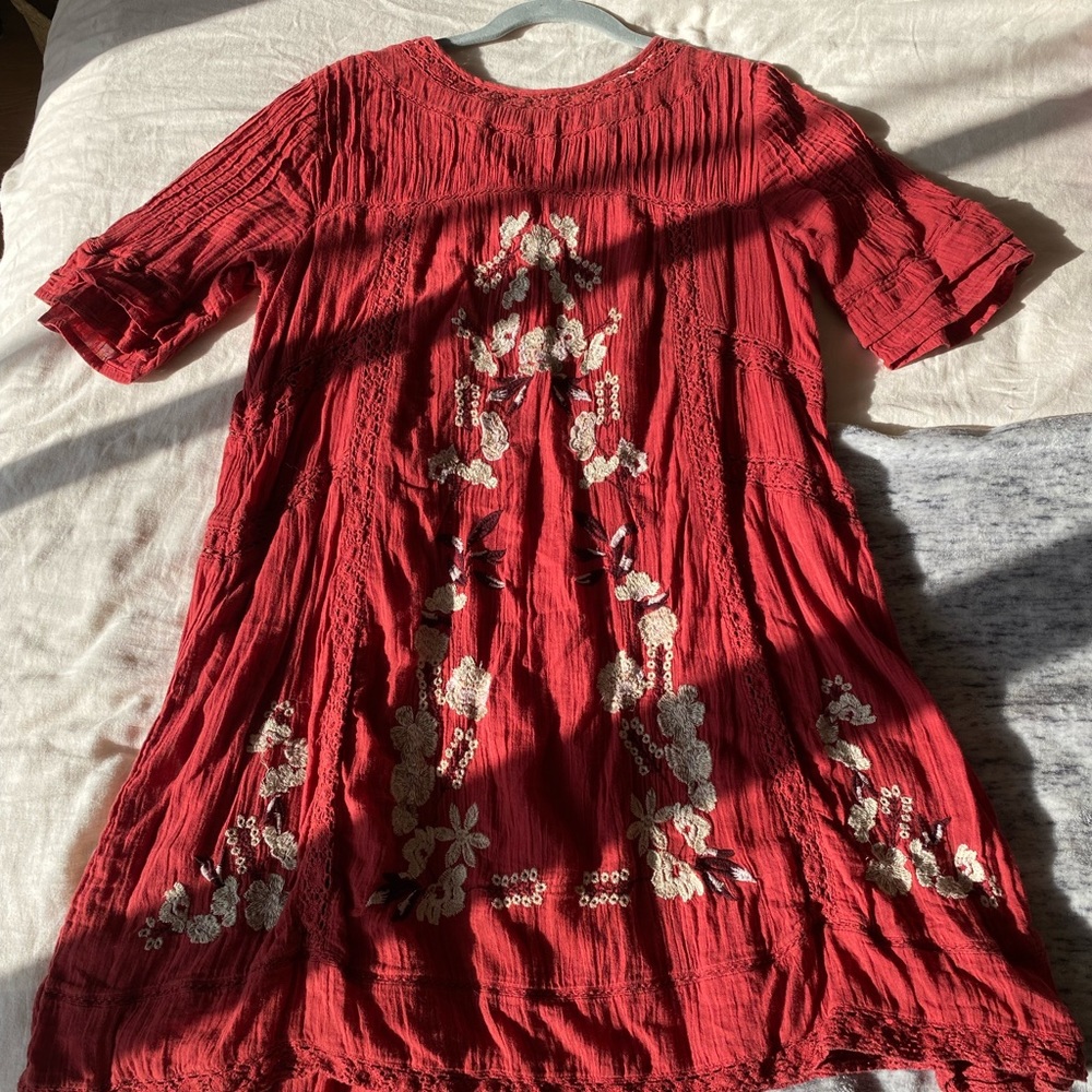 Free People Embroidered Red Shift Dress